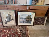 All three framed bird prints leaning against cabinet