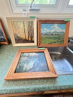 All three framed oil paintings grouped on countertop