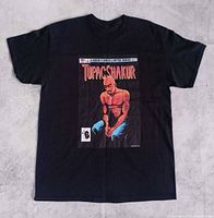 Full front view of black Beddo Tupac Shakur comic graphic T-shirt