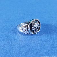 profile view of silver-plated skull ring on blue background