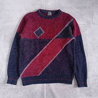Full front view of burgundy/navy wool argyle sweater
