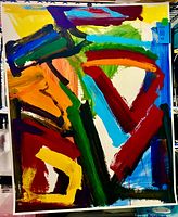 Full frontal view of abstract acrylic painting showing entire composition and colors
