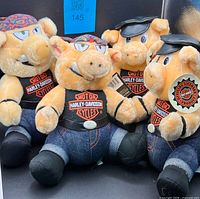 Group of four Harley pig plush toys showing front view, shirts, pants, accessories