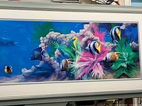 Central section of framed reef print showing angelfish, seahorse and coral