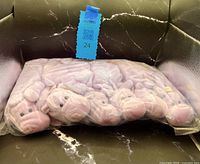 Clear bag containing 12 purple hippo plush toys