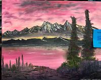 Full view of signed mountain landscape oil painting