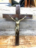 Full view of crucifix showing hardwood cross and metal corpus