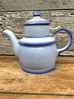 Left side view of stoneware teapot showing spout, handle and blue banding