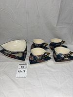 Full set: four cups on saucers, cookie plate, serving bowl