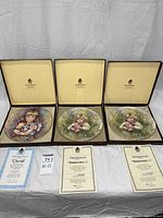 Three open presentation boxes showing all three plates and certificates