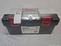 Front view of sealed Aurora TLV084 toolbox with label