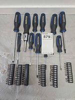 Ten screwdrivers and eight bit strips displayed