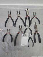 Full group of small pliers and cutters showing quantity and condition