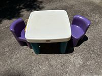 Top view of table with two purple chairs