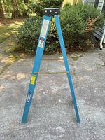Front view of Werner blue fiberglass step ladder showing platform top and steps