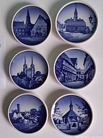 All six miniature blue transferware plates arranged for whole-lot view
