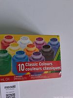 Front of sealed Crayola Washable Project Paint box showing 10 classic colours