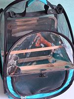 Front view of teal mesh bird carrier showing clear PVC window, perches, metal cups