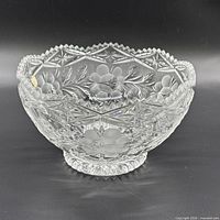 Overall view of crystal bowl with frosted floral and cut patterns