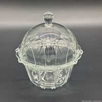 Full view of the clear glass candy dish with lid on, showing overall shape, knob finial, pressed panel body and handles