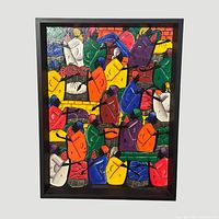 Front view of painting showing colorful market scene and frame