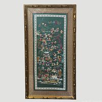 Full view of framed embroidery showing frame, matting and artwork