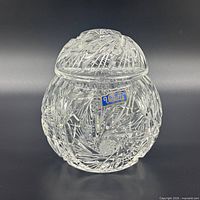 Front view of Violetta lead crystal covered candy jar with lid and original label