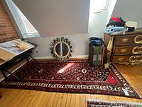 Full view of runner rug on wooden floor showing overall pattern and colors