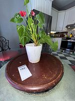 Live anthurium in white ceramic pot on wooden lazy susan