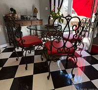 Table and chairs full set view on checkered floor