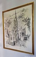 Framed print on wall showing full image of Salisbury Cathedral drawing