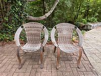 Both hoop-style patio chairs front view showing wicker seats and rusted wrought iron legs