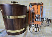 Overall lot view showing ice bucket, bar tools card, and two atomic glasses