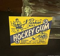 Front of Parkies reprint card showing yellow and blue hockey gum wrapper design