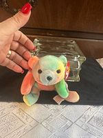 Front view of pastel tie-dye Sammy bear with tags visible