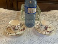 Front view of two demitasse teacups each on its saucer beside a water bottle