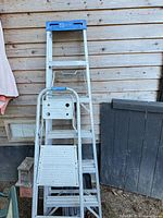 Both ladders leaned against wall showing relative sizes and construction