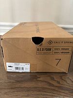 Closed Call It Spring shoe box showing brand, B.E.D Foam, 100% vegan, size 7 label