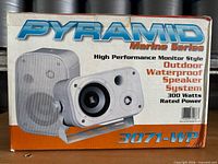 Retail box showing Pyramid Marine Series 3071-WP speakers, 300-watt rating