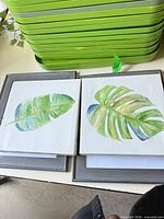 Both framed prints lying flat showing leaf artwork