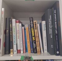 Full shelf showing all seventeen books with some titles readable