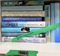Shelf with eleven blue hardcover books showing spines and titles