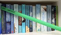 Shelf showing entire row of 15 blue-spine books