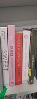 Spine view of five hardcover cookbooks lined on a shelf