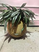 Full view of faux plant in round wicker pot