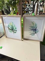 Both framed leaf prints standing on table