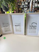 Full view of three framed prints standing side by side