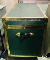 full side view of green trunk with brass-tone trim and handle