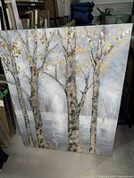 Full view of the 40x50 inch canvas painting showing three trees and gold accents