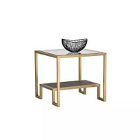 Single Carver end table with glass top, wood shelf, gold frame